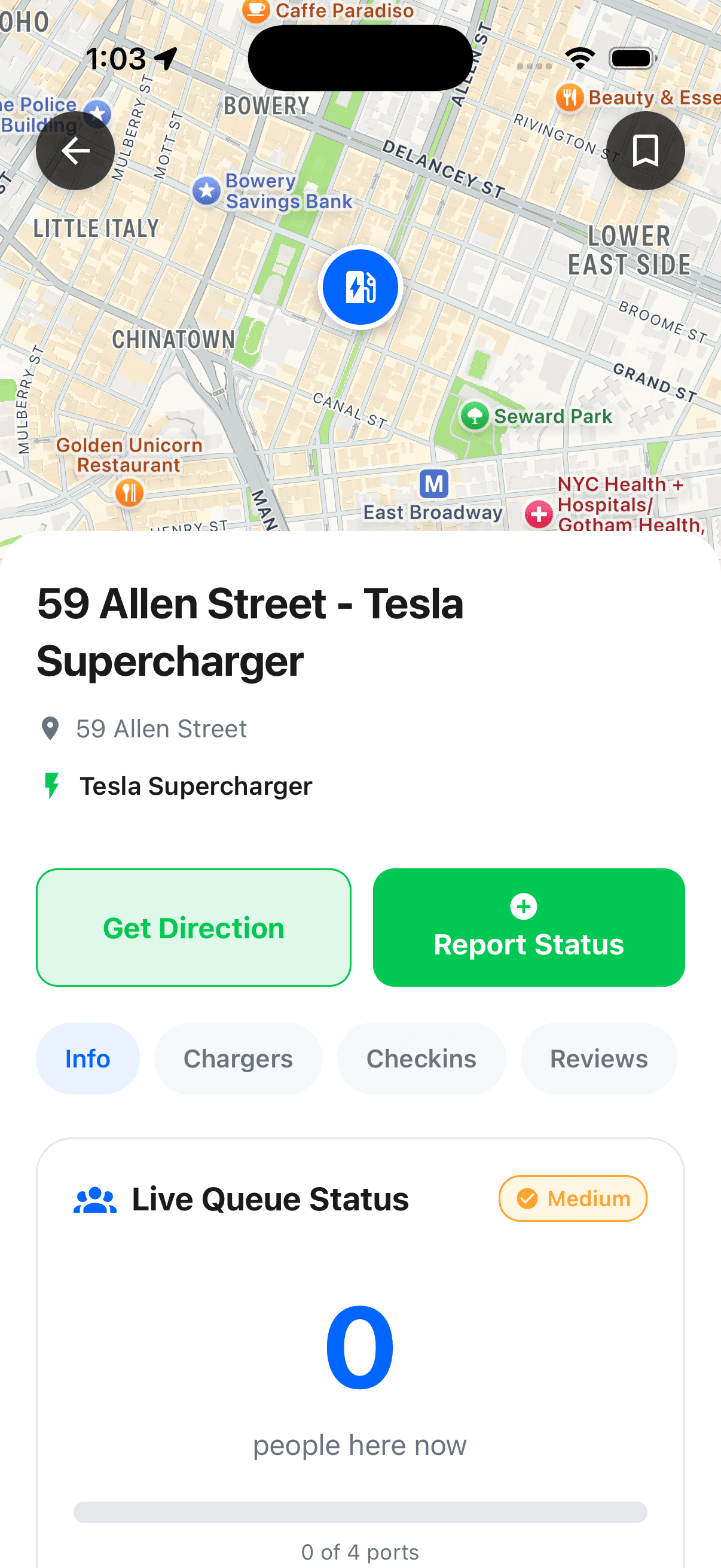 Real-time charger queue and wait time