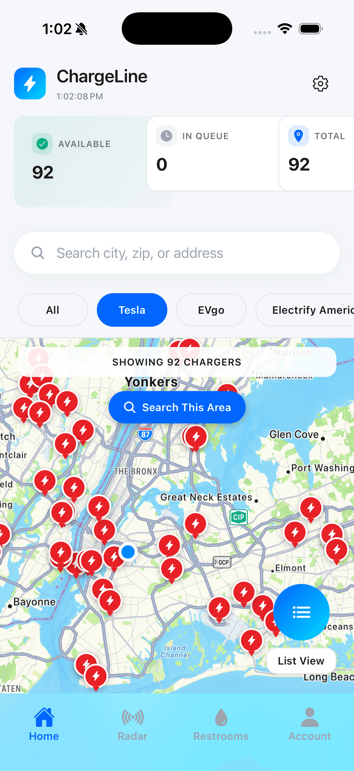 Interactive map showing all EV chargers